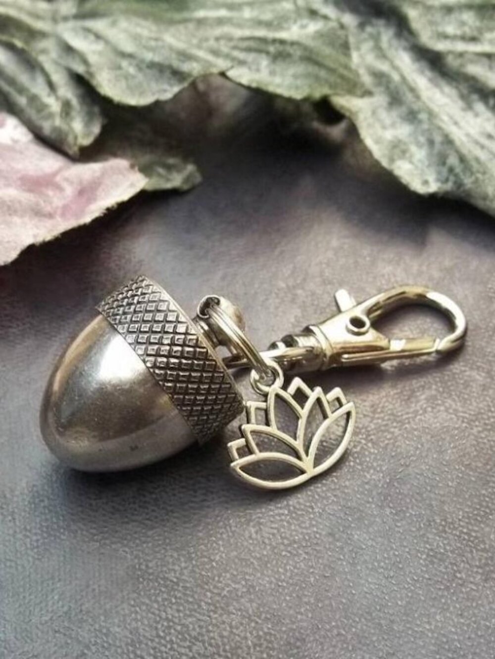 Silver Acorn Keychain Lotus Charm Purse Wallet Accessory Gift Girlfriend